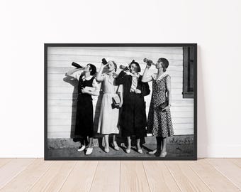 Women Drinking Beer Photo Vintage Bar Decor Black and White Retro Wall Art