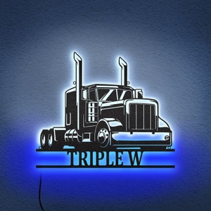 Custom Semi Truck Driver Neon Led Lights Metal Wall Art, Personalized Trucker Name Sign, 18 wheeler truck business sign, dad&#39;s Garage gift
