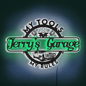I miei strumenti Le mie regole Insegna da garage personalizzata Luce al neon Arte murale in metallo retroilluminata a LED, Decorazione unica per la casa, perfetta per gli appassionati di auto e amanti del fai da te