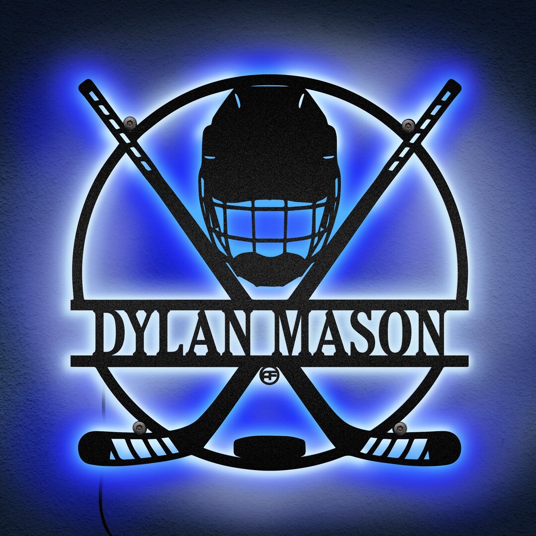 Custom Ice Hockey Stick Neon Light Metal Wall Art, Personalized Hockey Player Name Sign
