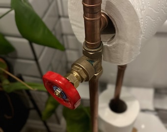 Free standing toilet roll holder with red gate valve and hand finished wood base