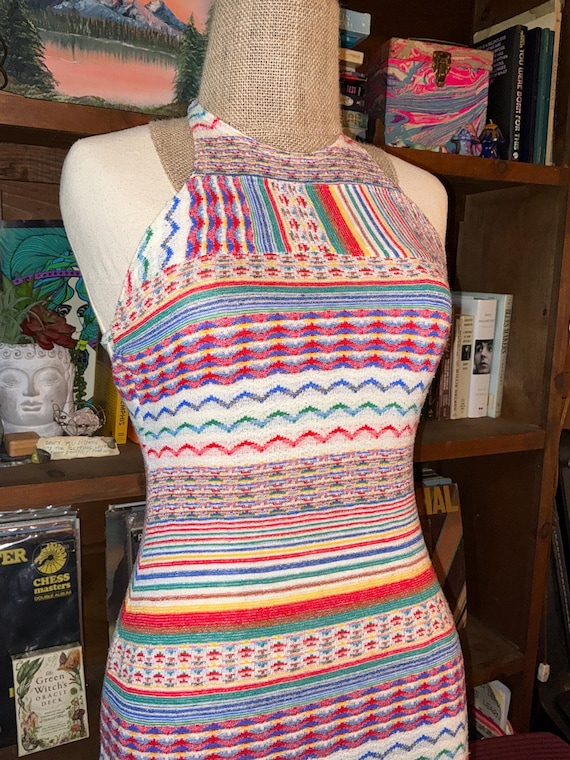 1970's Primary Colors Evolving Pattern Knitted Ha… - image 2