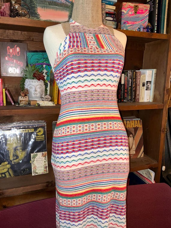 1970's Primary Colors Evolving Pattern Knitted Ha… - image 1