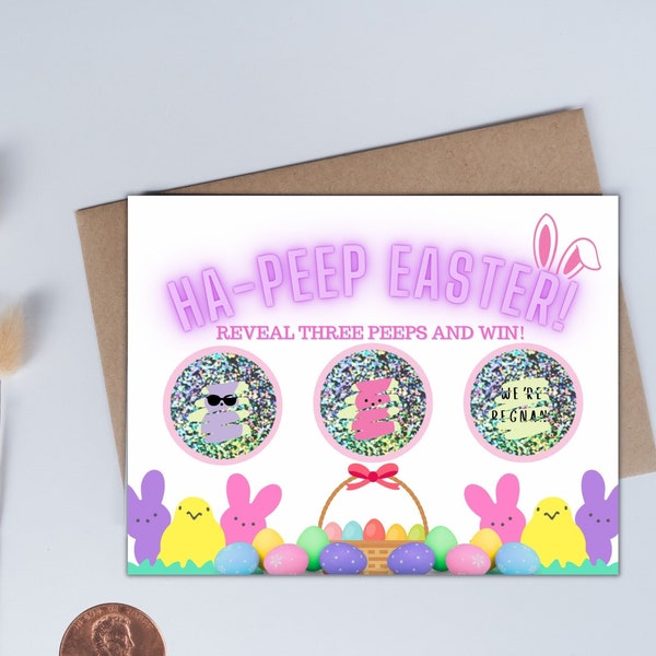 Easter Pregnancy Announcement Scratch Off Cards, Easter Peeps, Ha-Peep Easter, Family Baby Announcement, Pregnancy Announcement Idea