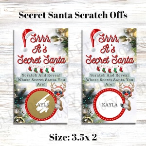 Tarjetas de Papá Noel secretas en blanco de reno personalizadas con pegatinas raspables / Revelación de intercambio de regalos personalizable / Juego de fiesta navideña