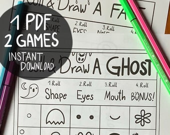 印刷可能なロールアンドドローゴースト＆フェイス描画ゲームPDF即時ダウンロード