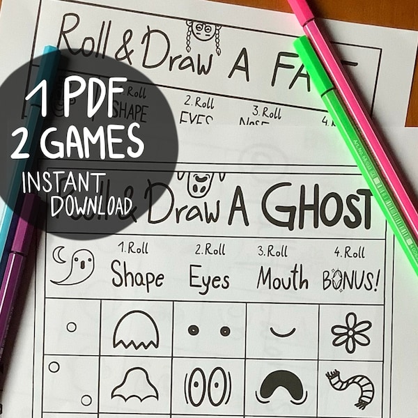 Digital PRINTABLE Kids Activity Sheet Roll and Draw Face Ghost Character Dice Drawing  Game Bundle 1 PDF 2 GAMES Instant Download