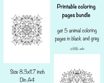 動物のマンダラの印刷可能な塗り絵ページ、面白いペットのデザインPDFの即時ダウンロード