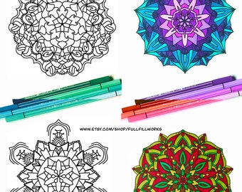 印刷可能なマンダラ16デザインぬり絵ページセット自宅で印刷PDF即時ダウンロード