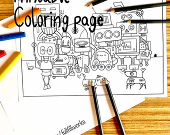 子供向けのロボットファミリーのポートレートの塗り絵（1ページ）デジタルダウンロード