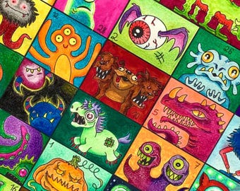 印刷可能なハロウィーンモンスター10月の塗り絵カウントダウン毎日の描画アクティビティインスタントPDFダウンロード