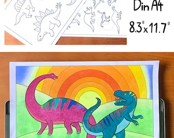 印刷可能な塗り絵ページセット 6ページ 恐竜デザイン付き PDF 即時ダウンロード