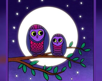 印刷可能なぬり絵ページ 2匹の夜更かし デジタルインスタントダウンロード