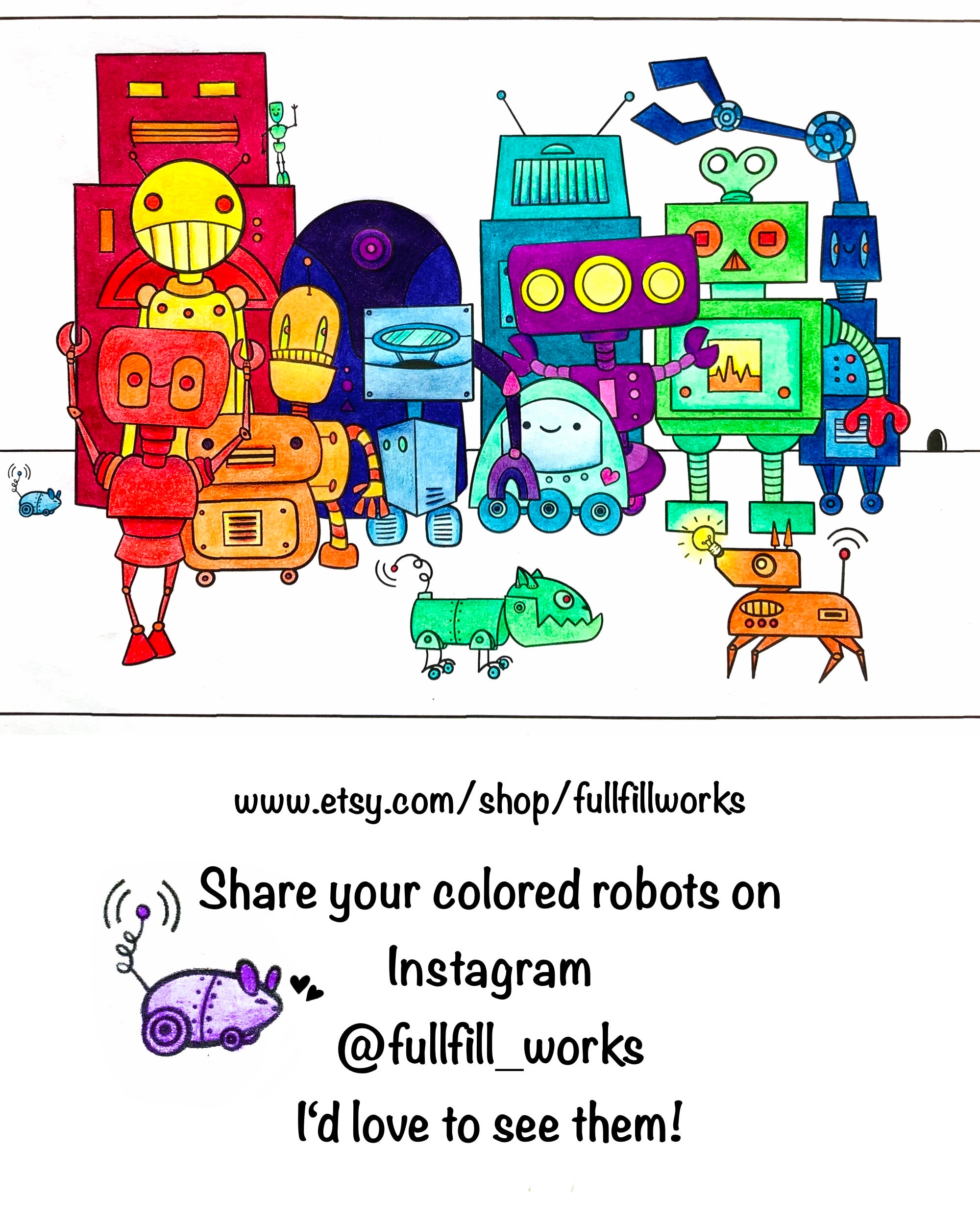 Digital Printable Coloring Page Cute Robot Family Kids Activity Instant ...