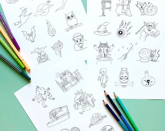おもしろくて不気味なデザインの印刷可能な塗り絵：ハロウィーンのイラスト67点 PDFデジタルダウンロード
