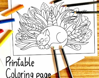 印刷可能なぬり絵ページ「眠っている猫」pdf インスタントデジタルダウンロード