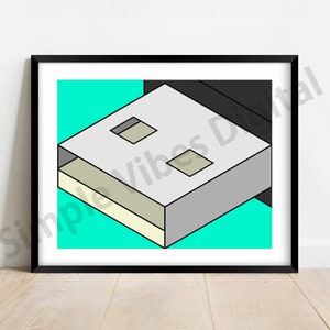 May include: A framed illustration of a USB drive in a minimalist style. The drive is depicted in a 3D perspective with a light gray body, a cream-colored base, and two black rectangular slots. The background is a vibrant turquoise color.