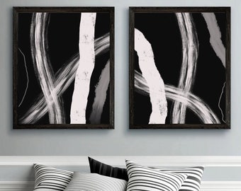 Schwarz weiß abstraktes Wandbild 2er-Set, Gerahmte minimalistische abstrakte Drucke, Bilder Geschenk, Moderne Jahrhunderts Wohnzimmer kunst