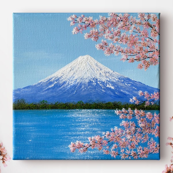 Peinture sur Toile Acrylique, Japon Mont Fuji Art Mural, Cadeau Décoration Murales, Paysage Montagne Nature Fleurs Cerisier, Commission Art