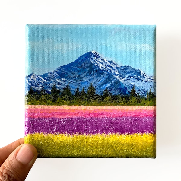 ORIGINAL painting on canvas, Floral Wall art, Mini acrylic painting, Peinture originale sur toile, Mountain Landscape painting