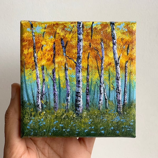 Original acrylic painting on canvas, Autumn forest wall art, Birch tree art, Peinture sur toile, Miniature painting, Mini Canvas on Easel