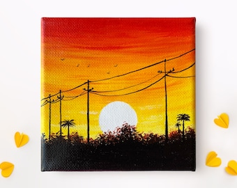 Sunset Painting on Canvas Original Acrylic Painting Wall Art Home Decor Trees Landscape Birds Cityscape Silhouette Artwork