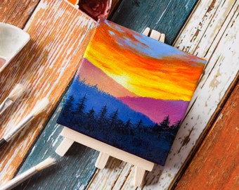 Original Painting on Canvas, Sunset Wall Art, Acrylic Painting, Mini Canvas Art, Mountain Landscape, 4x4