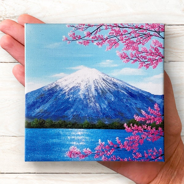 Fuji Mountain Original Acrylic Painting or Canvas Print Home Decor Wall Art Cherry Blossom Tree Landscape Painting Artwork Japanese Gifts