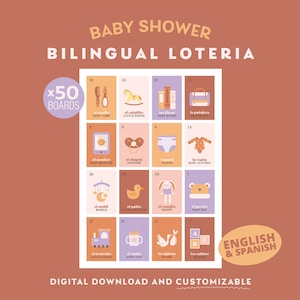Lotería Bilingüe Cute Baby Shower *Descarga Digital y Personalizable* (50 Jugadores)