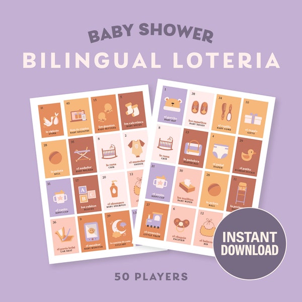 Baby Shower Loteria zweisprachig * Sofortiger Download * Multicolor Pastelle - 50 Spieler