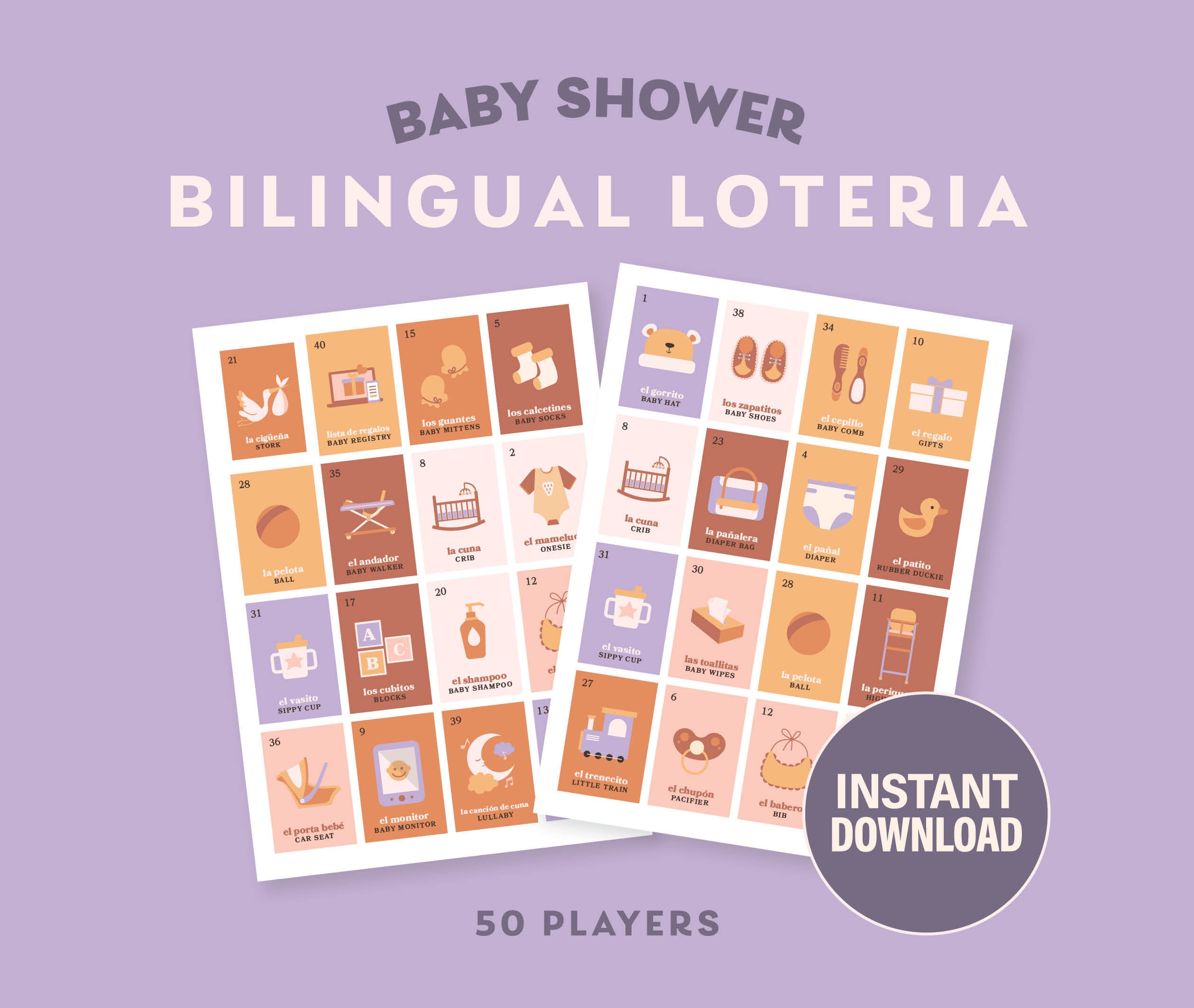 Baby Shower Bilingual Loteria instant Download Multicolor Pastels 50 ...
