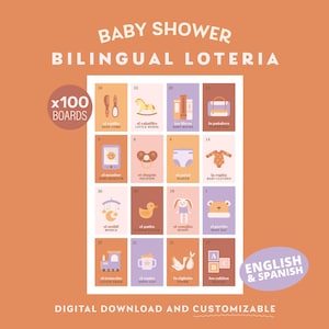 Linda Lotería Bilingüe Baby Shower *Descargable Digital y Personalizable* (100 Jugadores)