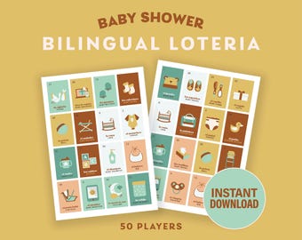 Baby Shower Bilingual Loteria *Instant Download* Muted Adventure – 50 players