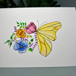水彩とペンで描いた花と蝶のグリーティングカード オリジナルアートワーク