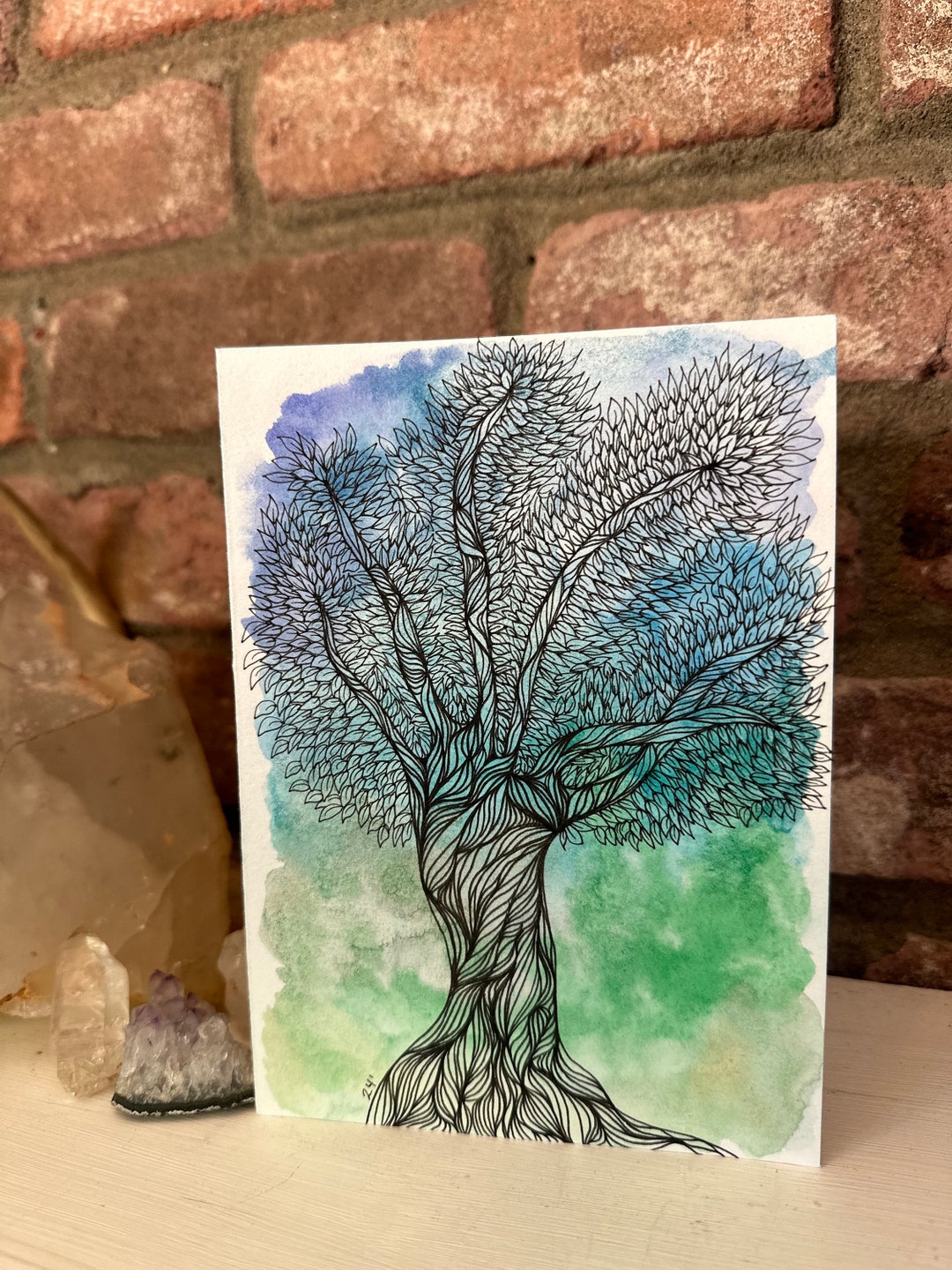 Watercolor and Pen Zentangle Tree Greeting Card Original Artwork - Etsy