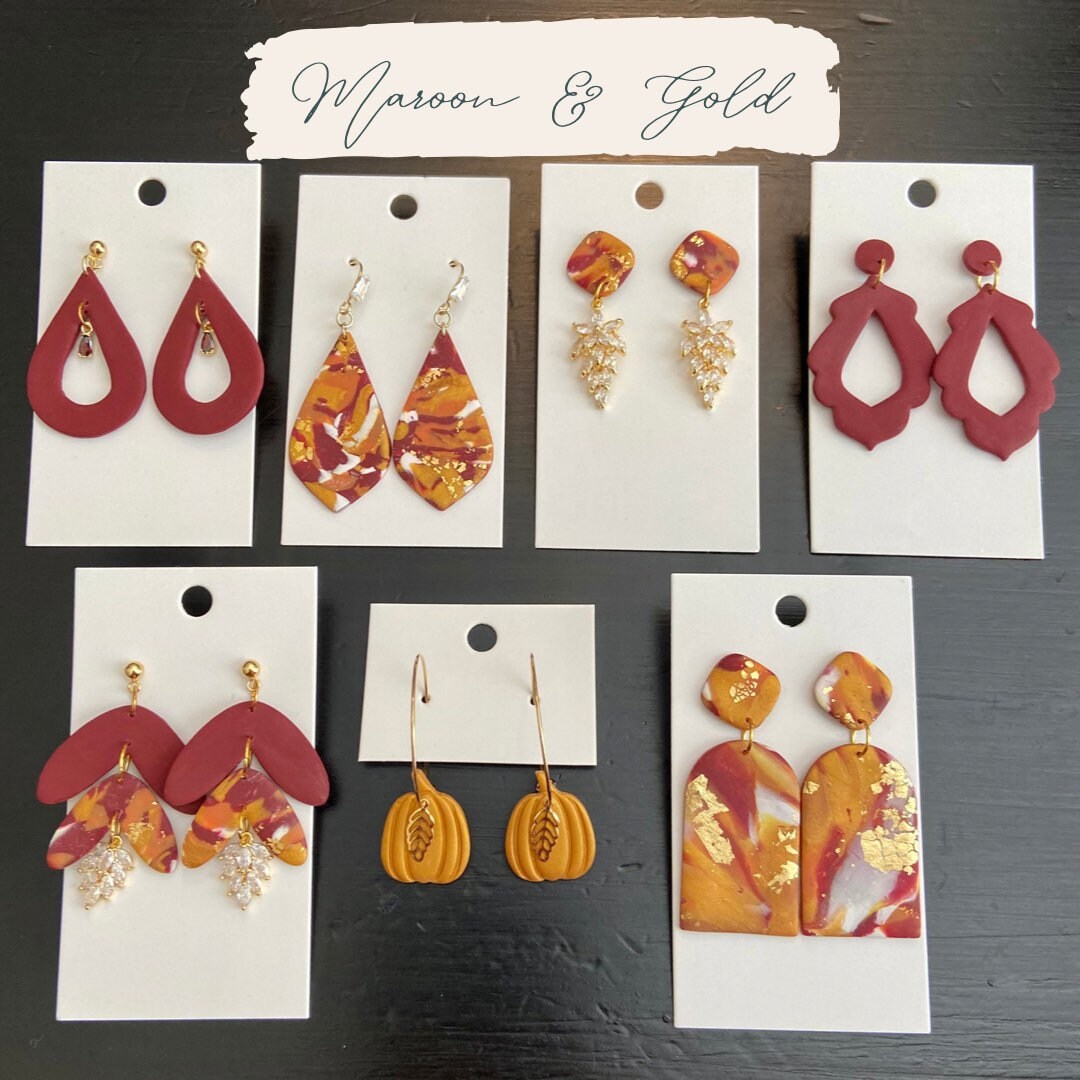 Maroon and Gold Collection Handmade Polymer Clay Earrings Trendy