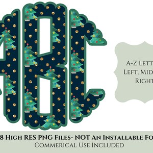 May include: A decorative monogram design featuring the letters ABC in a dark teal color with a scalloped edge. The letters are filled with a pattern of Christmas trees and gold polka dots. Text on the image reads: A-Z Letters, 78 High Res PNG Files, Commercial Use Included.