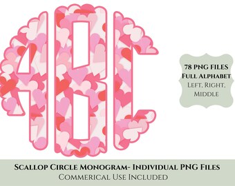 May include: Scallop circle monogram letters A, B, and C with a pink and red heart pattern. 78 PNG files, full alphabet, left, right, middle. Commercial use included.