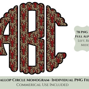 May include: Scallop circle monogram featuring the letters A, B, and D. The letters are filled with a pattern of red lobsters on a tan leopard print background. The text "78 PNG FILES FULL ALPHABET LEFT, RIGHT, MIDDLE" is in a white box with a brown border. The text "SCALLOP CIRCLE MONOGRAM- INDIVIDUAL PNG FILES COMMERCIAL USE INCLUDED" is at the bottom of the image.
