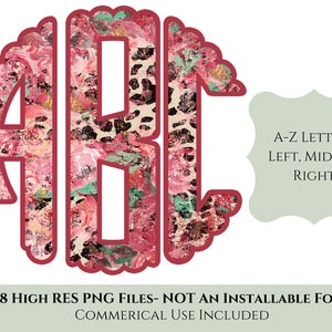 May include: Floral monogram design featuring the letters ABC in a decorative style. The letters are filled with a mix of pink roses and leopard print patterns, outlined in a dark red. Includes text: A-Z Letters, Left, Middle, Right.