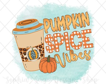 May include: A watercolor background with a coffee cup, a pumpkin, and the text "Pumpkin Spice Vibes". The coffee cup has a brown and leopard print design. The pumpkin is orange and has a green stem.