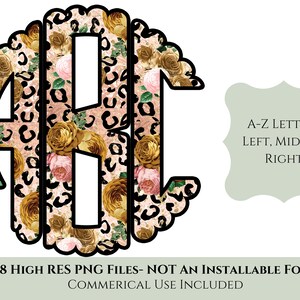 May include: A-Z monogram letters with a leopard and floral pattern. 78 high resolution PNG files. Not an installable font. Commercial use included.