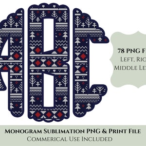 May include: A set of 78 monogram sublimation PNG files for creating personalized designs. The letters are in a blue and white knit pattern with red accents. The text "78 PNG FILES LEFT, RIGHT MIDDLE LETTERS" is in the upper right corner of the image.