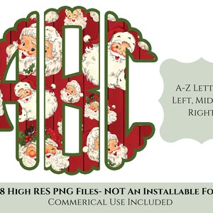 May include: A-Z alphabet letters in a green outline with a red and white pattern of Santa Claus faces. The text "A-Z LETTERS LEFT, MIDDLE, RIGHT" is in a green box. The text "78 HIGH RES PNG FILES - NOT AN INSTALLABLE FONT COMMERCIAL USE INCLUDED" is at the bottom of the image.