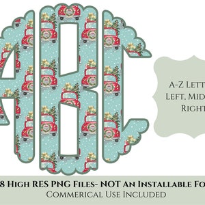 May include: A-Z monogram letters with a Christmas theme. The letters are made up of a repeating pattern of red trucks with Christmas trees and presents on a blue background with white snowflakes. The letters are outlined in white and have a scalloped edge.