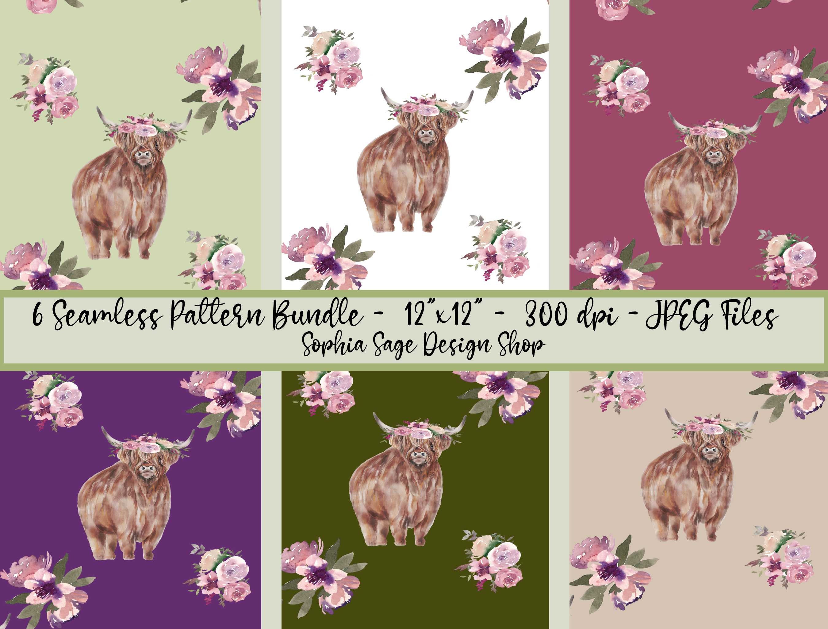 Floral Highland Cow Seamless Pattern | Digital Paper | Seamless File ...