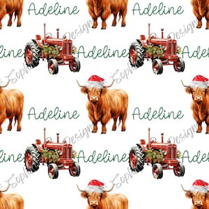 Aangepaste naadloze naambestand - Santa Highland Cow- Farm Christmas- Western naambestand - aangepaste babynaam PNG - digitaal papier naambestand - tractor