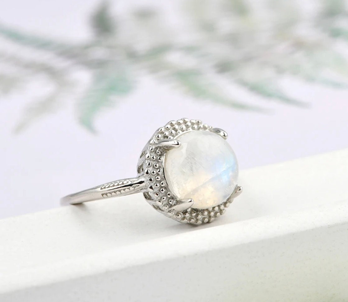 Flashy Rainbow Moonstone Ring - Adjustable Silver Plated Ring