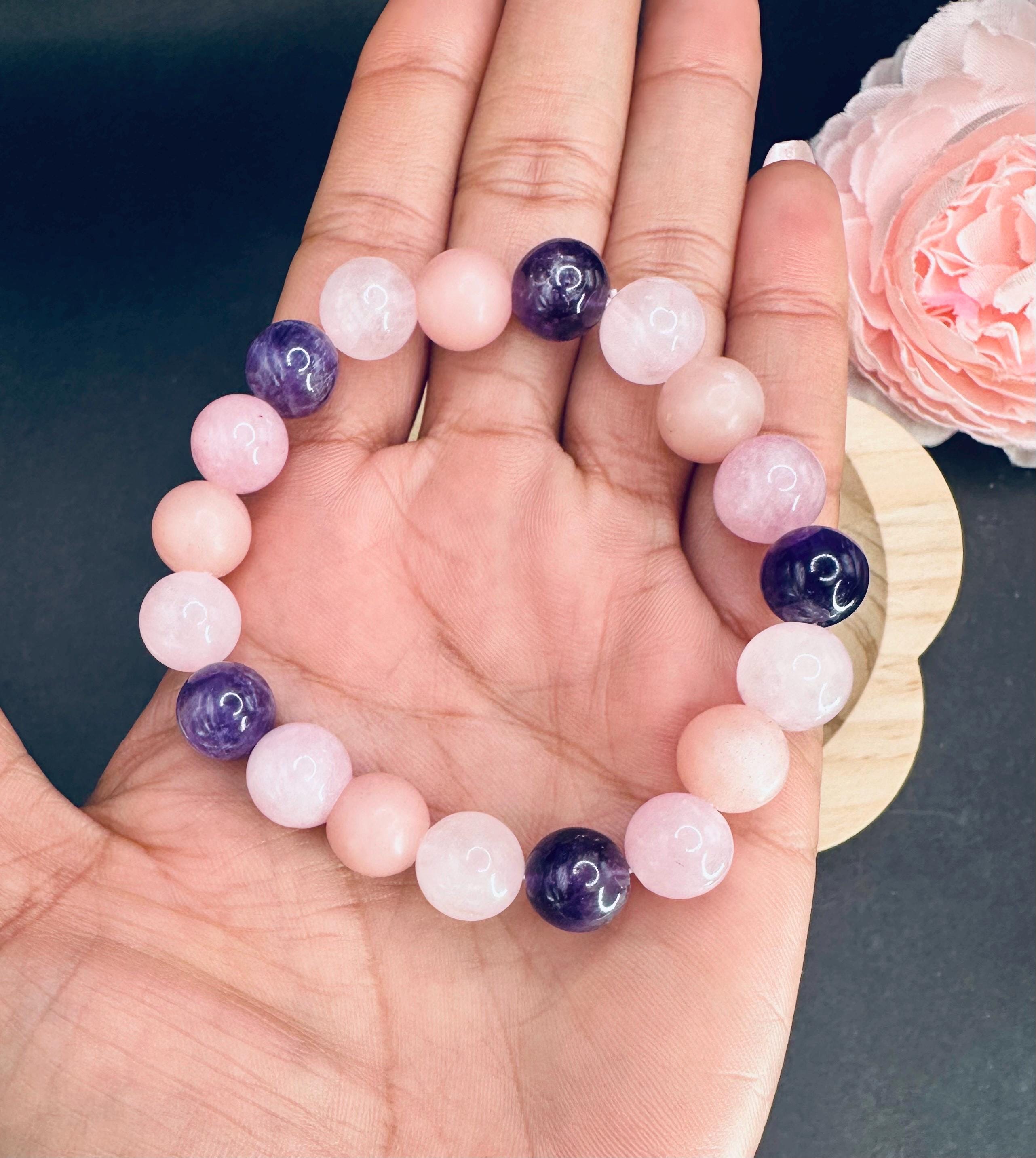 感情を癒すクリスタルブレスレット：ローズクォーツ、クンツァイト