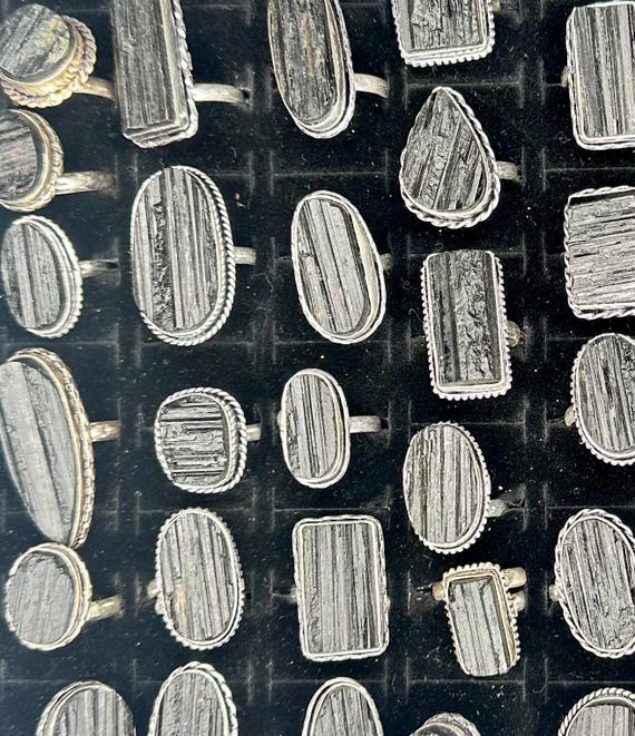 Raw Black Tourmaline Ring: Silver Plated Adjustab… - image 2